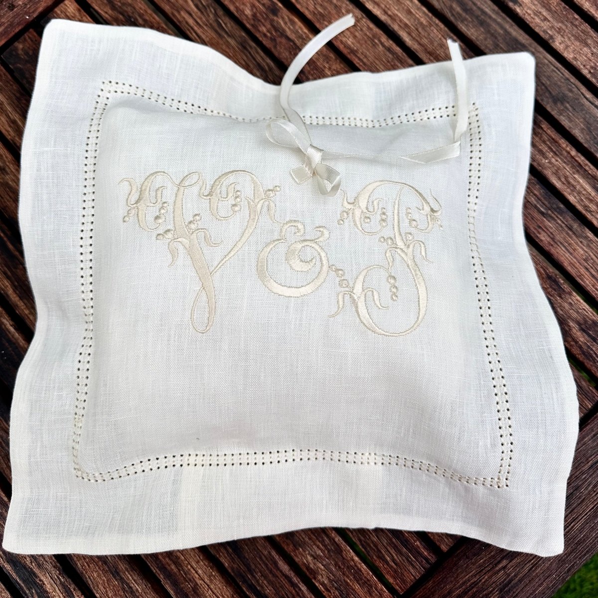 Ring bearer's Pillow Embroidered French Monogram - Linen and Letters