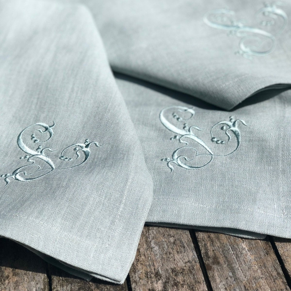 100% Coloured Linen Napkins with Embroidered Silky French Monogram - Linen and Letters