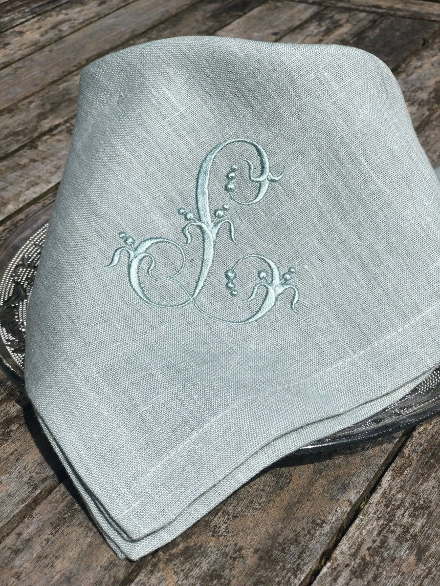 100% Coloured Linen Napkins with Embroidered Silky French Monogram - Linen and Letters