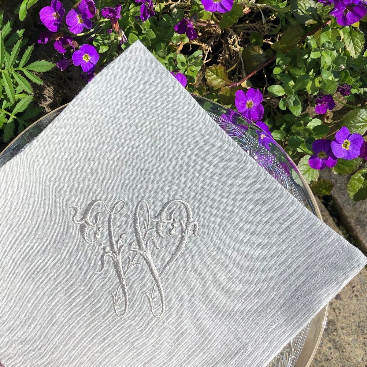 100% Neutral Linen Napkins with silky French Embroidered Monogram - Linen and Letters
