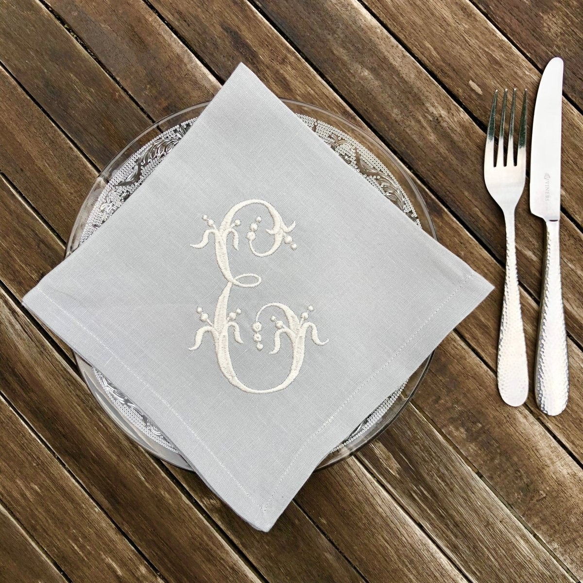 100% Neutral Linen Napkins with silky French Embroidered Monogram - Linen and Letters