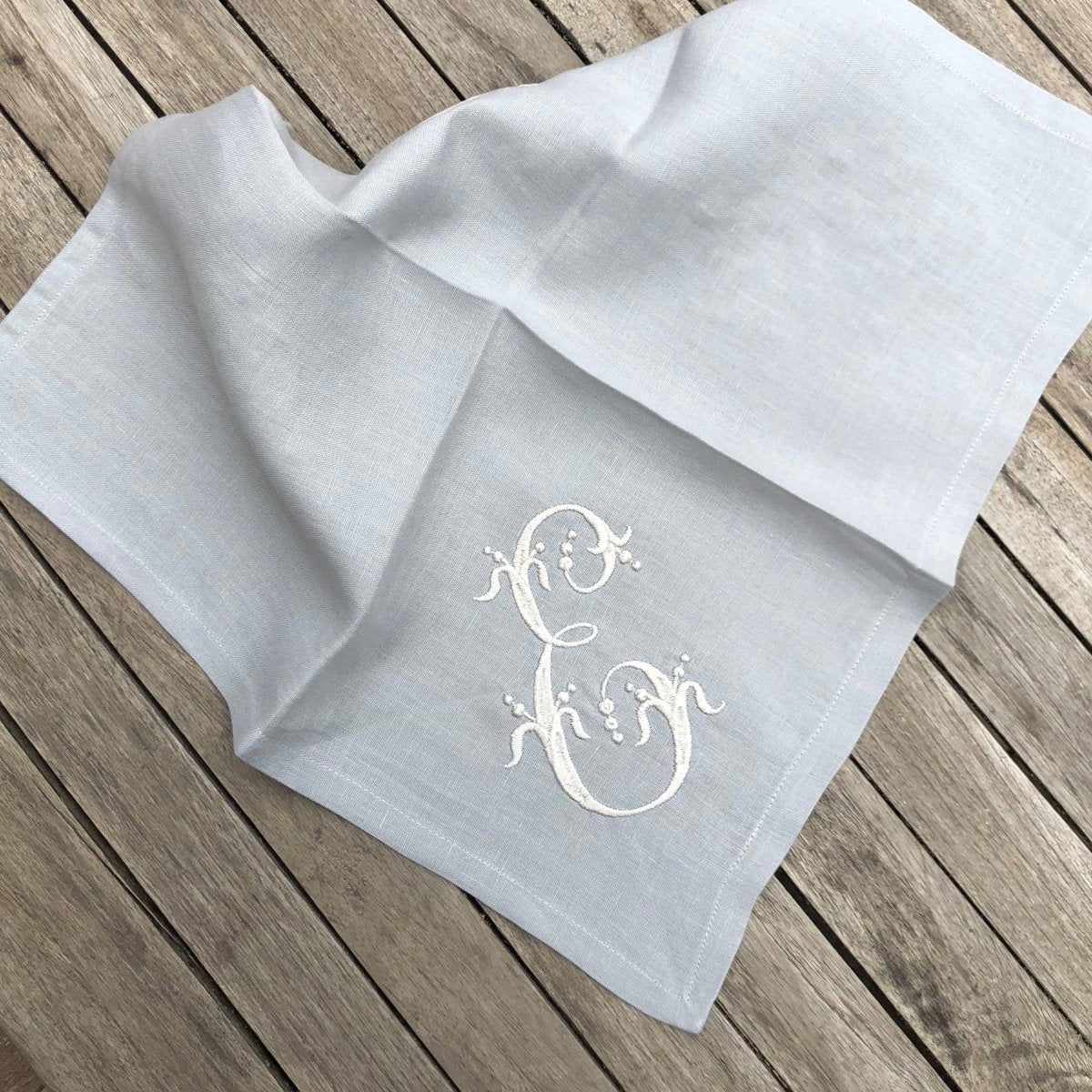 100% Neutral Linen Napkins with silky French Embroidered Monogram - Linen and Letters