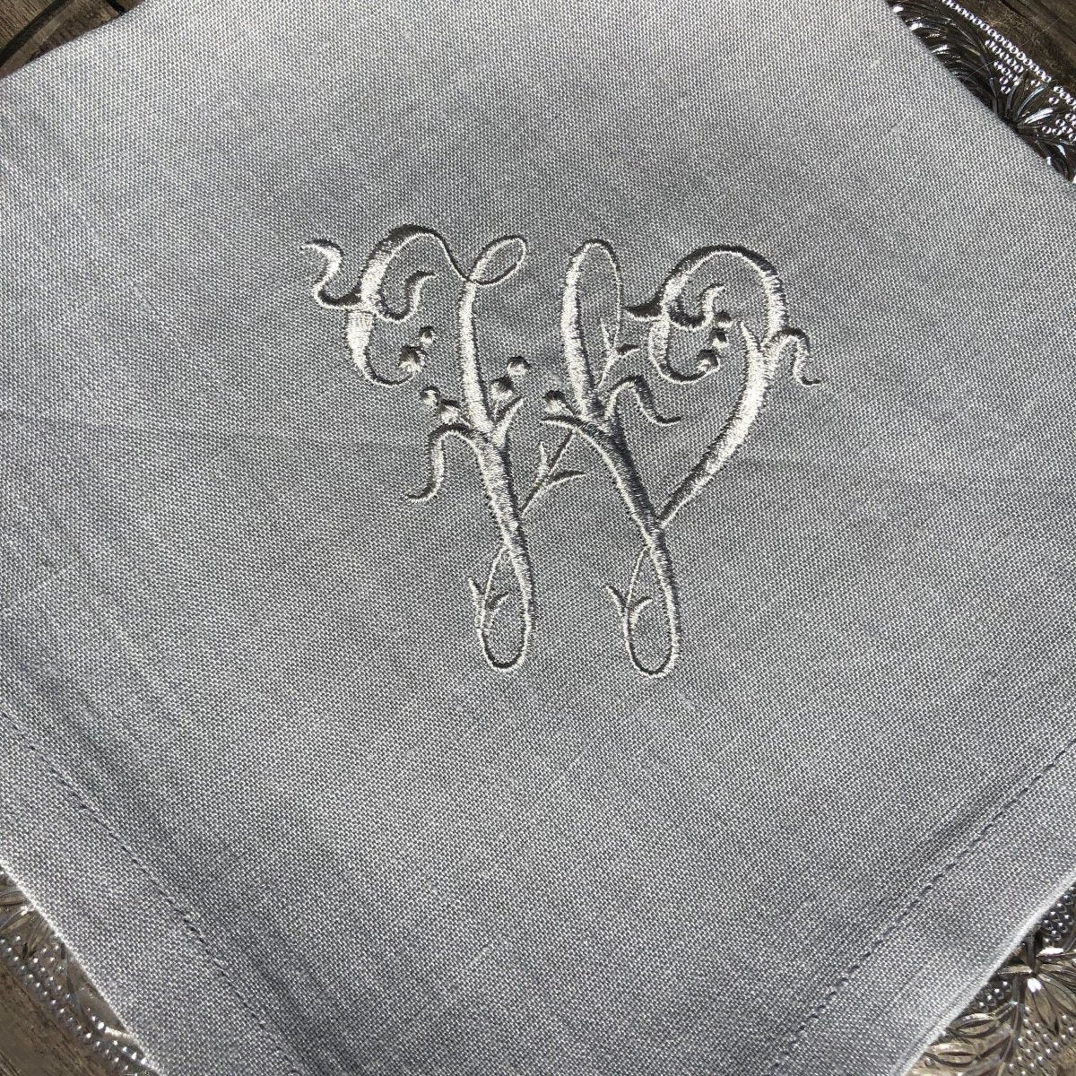 100% Neutral Linen Napkins with silky French Embroidered Monogram - Linen and Letters