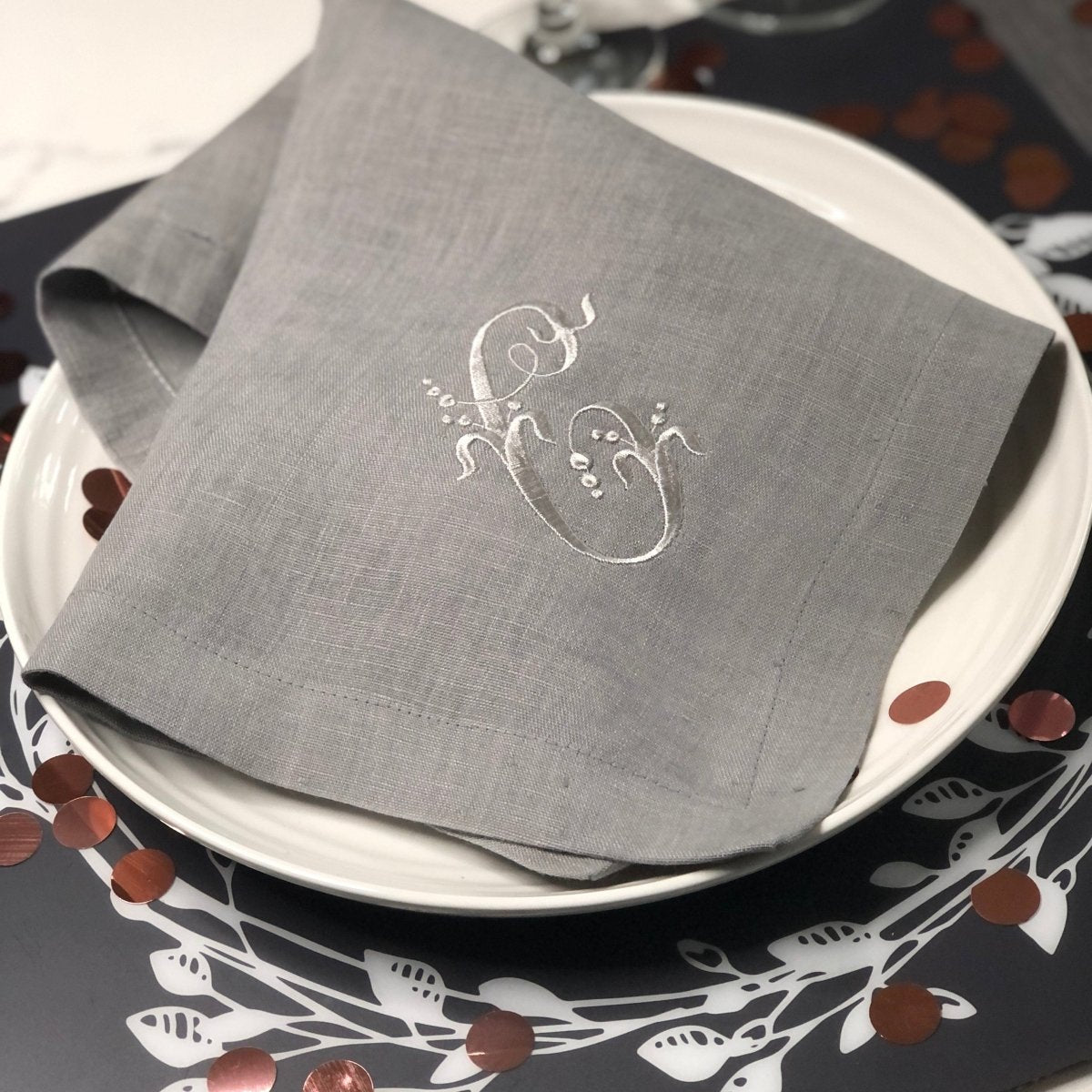 100% Neutral Linen Napkins with silky French Embroidered Monogram - Linen and Letters