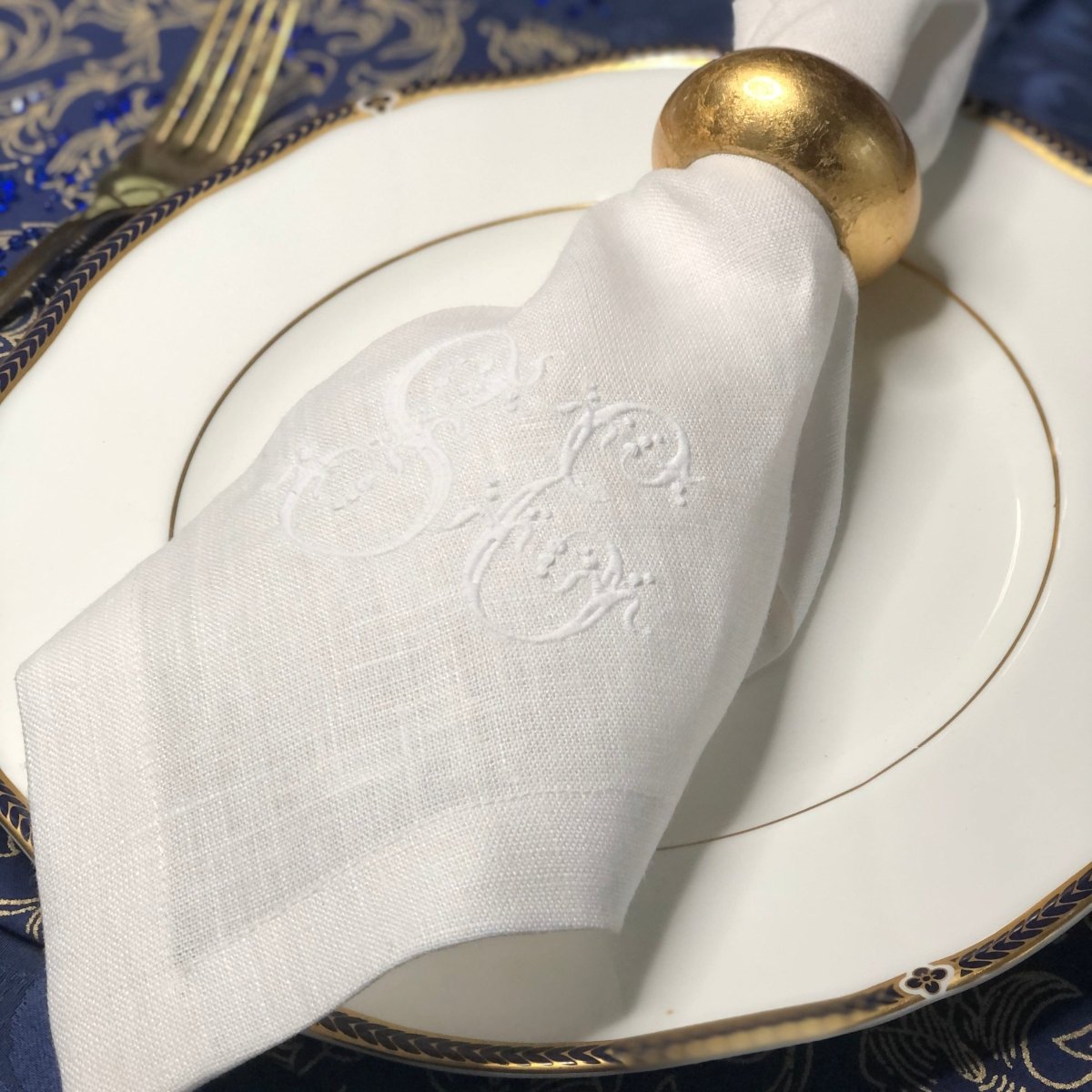 100% White Linen Napkins with Embroidered French Monogram with matt Egyptian Thread - Linen and Letters