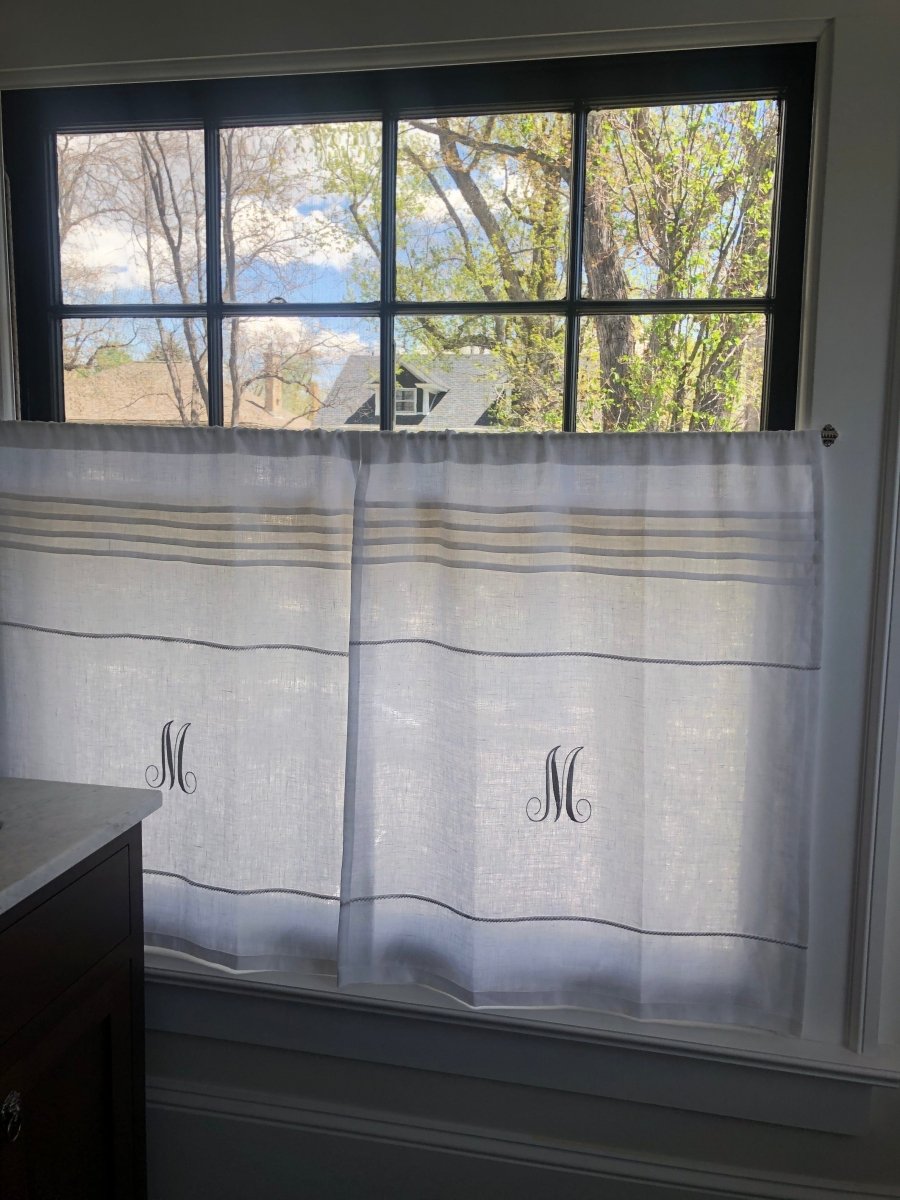 Appleton White Linen Cafe Curtain with embroidered Monogram - Linen and Letters