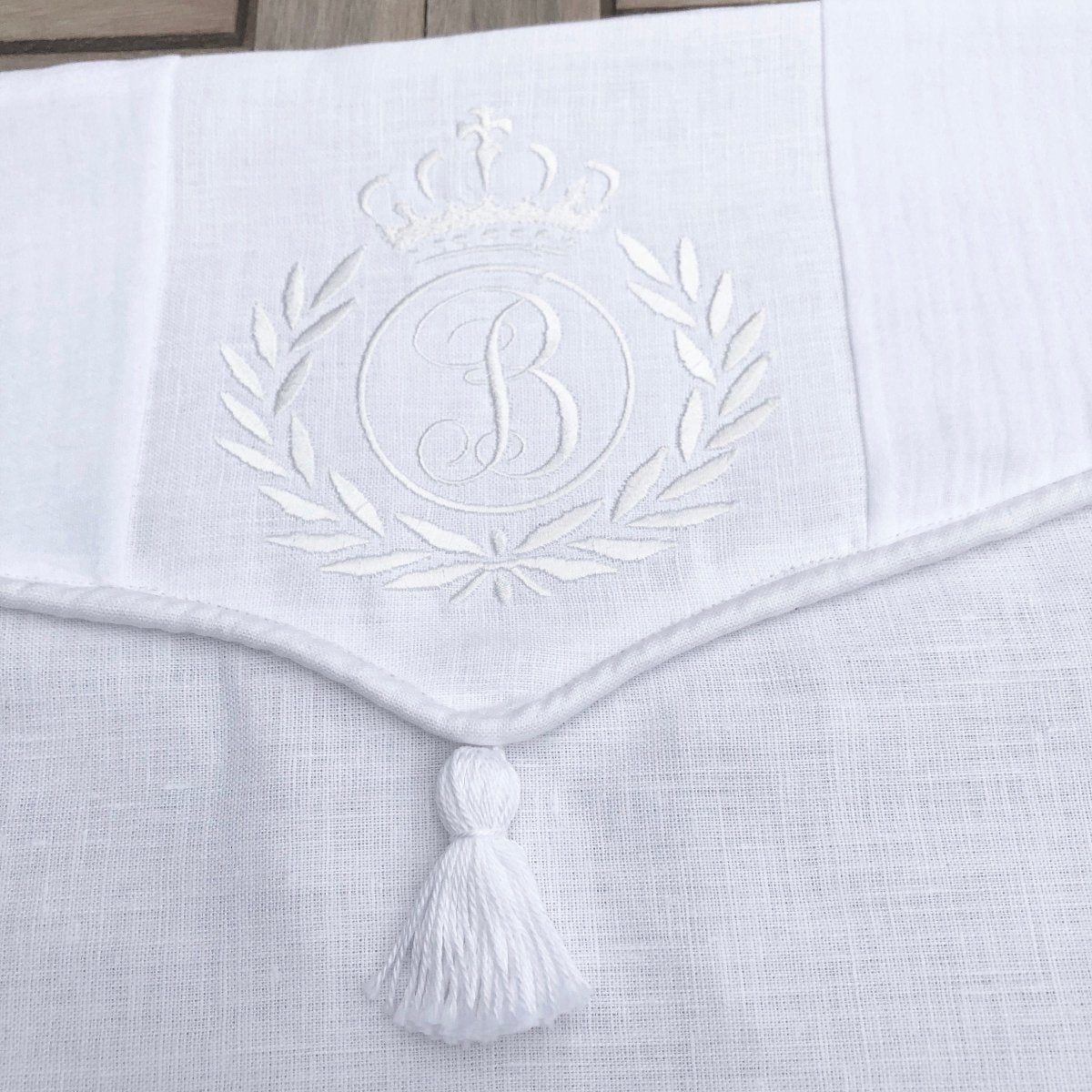 Baby Linen Duvet Cover with Tassel and Crown Wreath Monogram - Linen and Letters