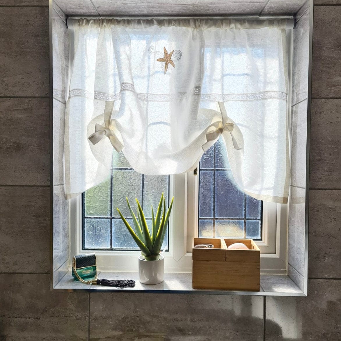 Bewsey White Tie Up Window Curtain Starfish Machine Embroidery for Bathroom and Bedrooms - Linen and Letters