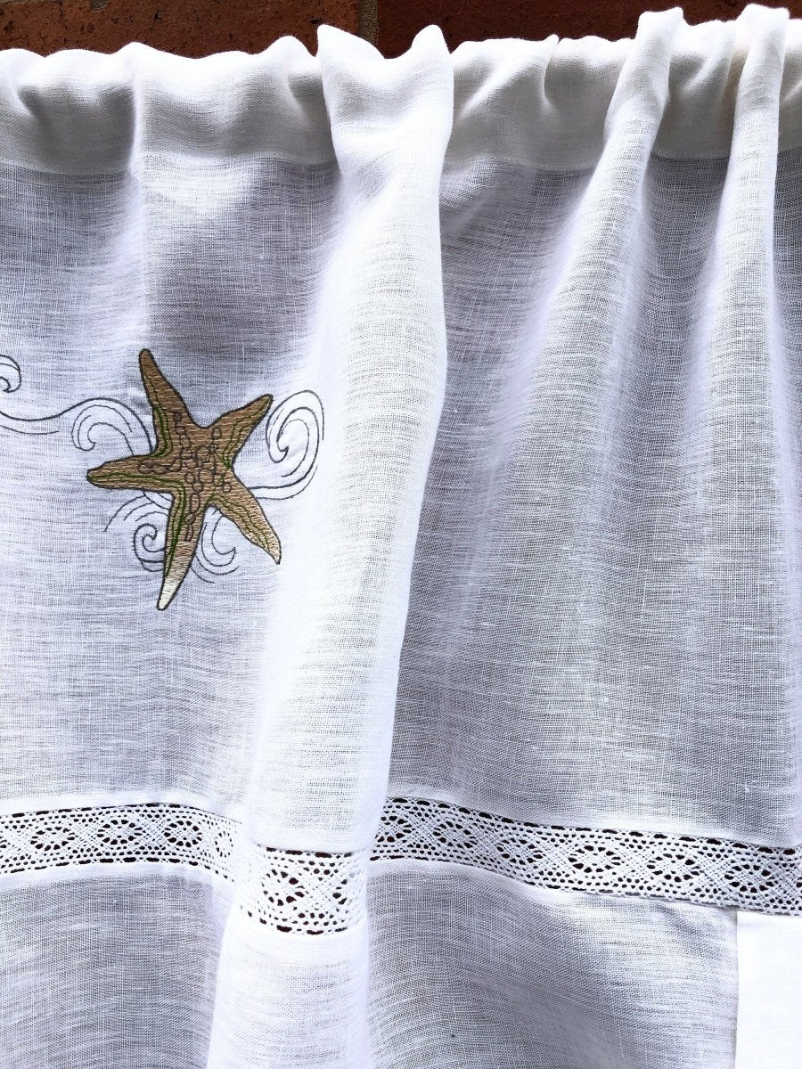 Bewsey White Tie Up Window Curtain Starfish Machine Embroidery for Bathroom and Bedrooms - Linen and Letters