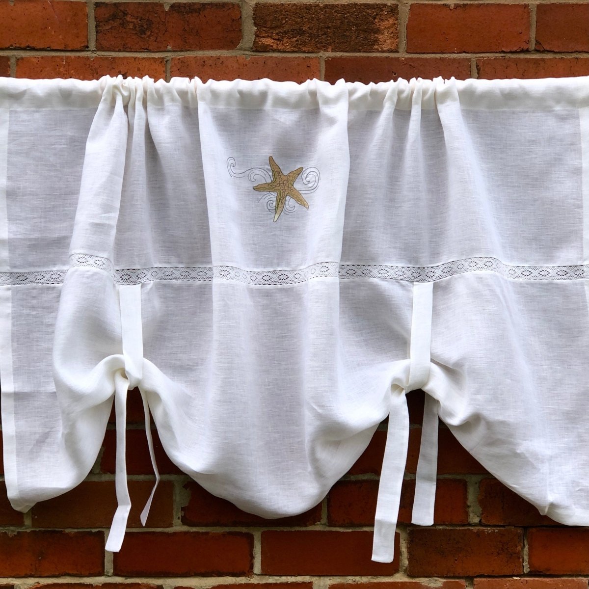 Bewsey White Tie Up Window Curtain Starfish Machine Embroidery for Bathroom and Bedrooms - Linen and Letters