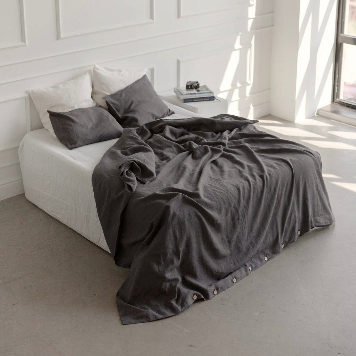 CHARCOAL GREY Linen Set of Comforter Cover and Pillows Linen Bedding  Natural Linen Doona Cover Linen Bed Set 
