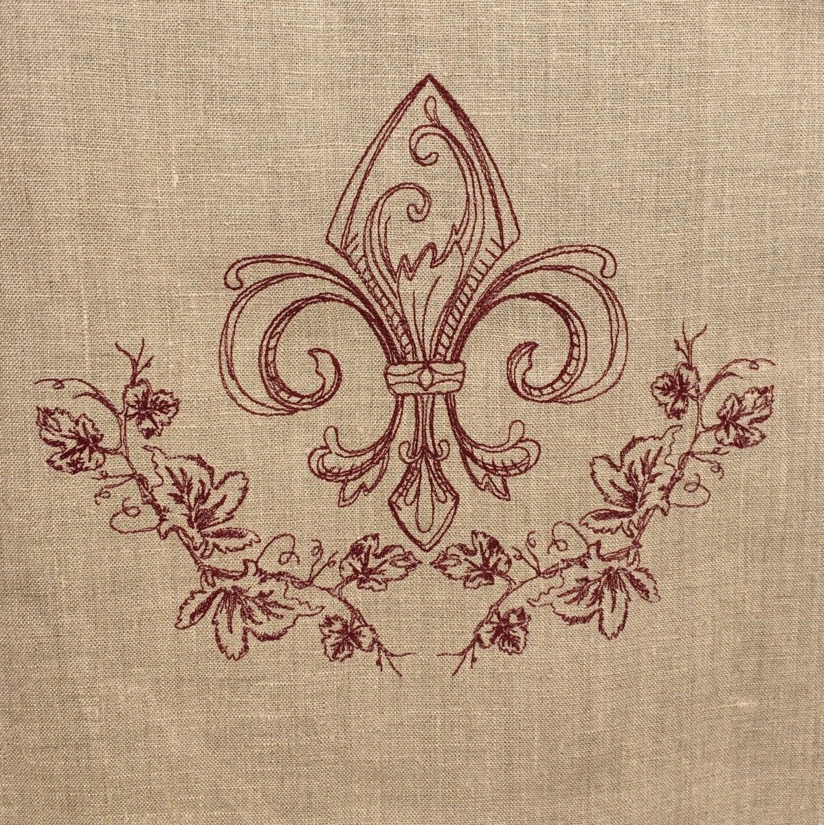 Chelsea Natural Flax Linen Cafe Curtain with Red Vine French Fleur de Lis - Linen and Letters