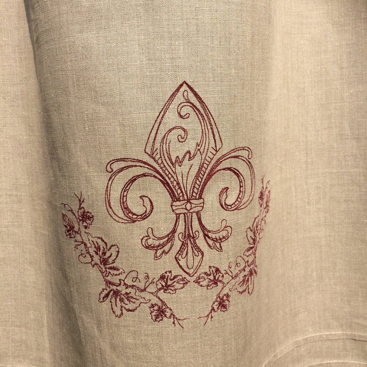 Chelsea Natural Flax Linen Cafe Curtain with Red Vine French Fleur de Lis - Linen and Letters