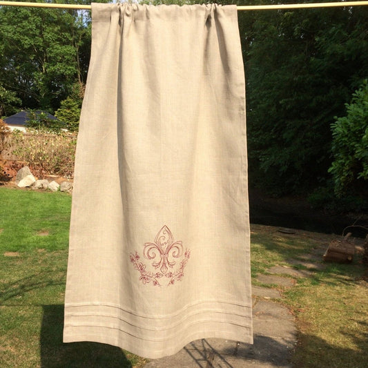 Chelsea Natural Flax Linen Cafe Curtain with Red Vine French Fleur de Lis - Linen and Letters