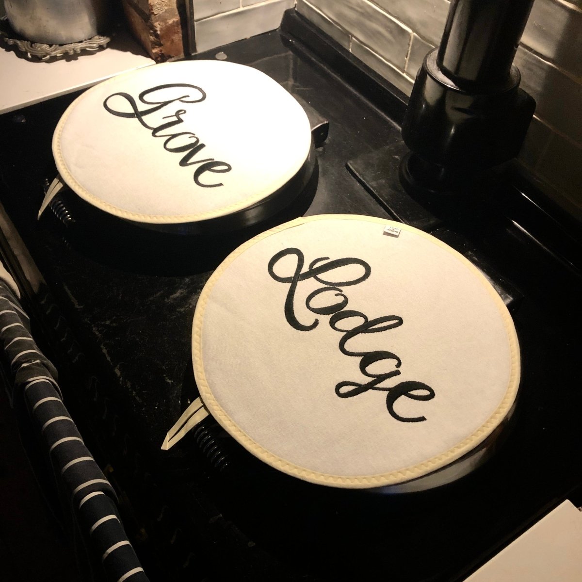Cream Pair Personalised Bespoke Embroidered Aga Chef pads - Linen and Letters