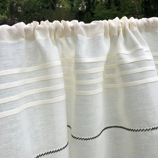 Culcheth Creamy Ivory Linen Cafe Curtain with decorative Stitching - Linen and Letters