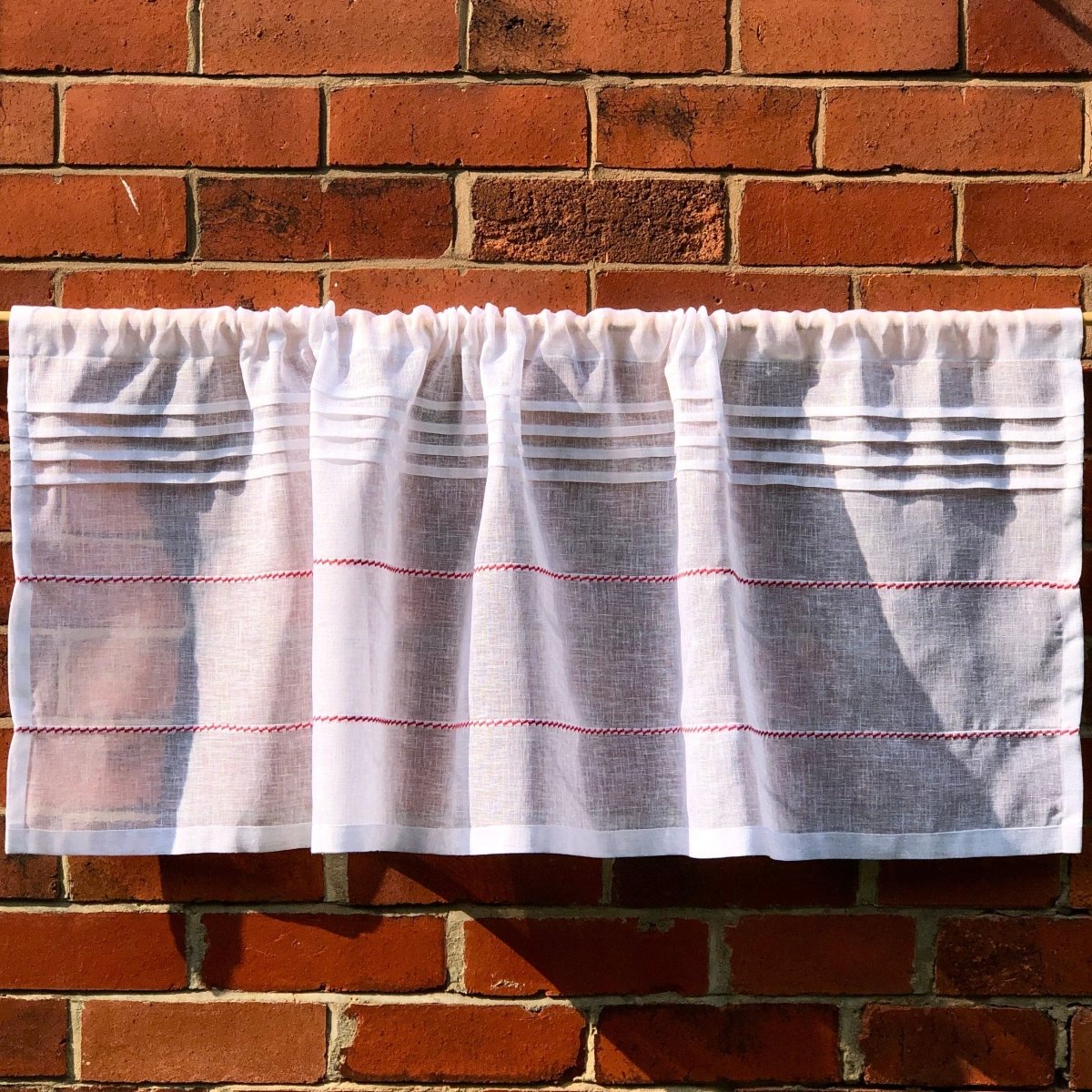 Culcheth White sheer linen cafe curtain with coloured stitching - Linen and Letters
