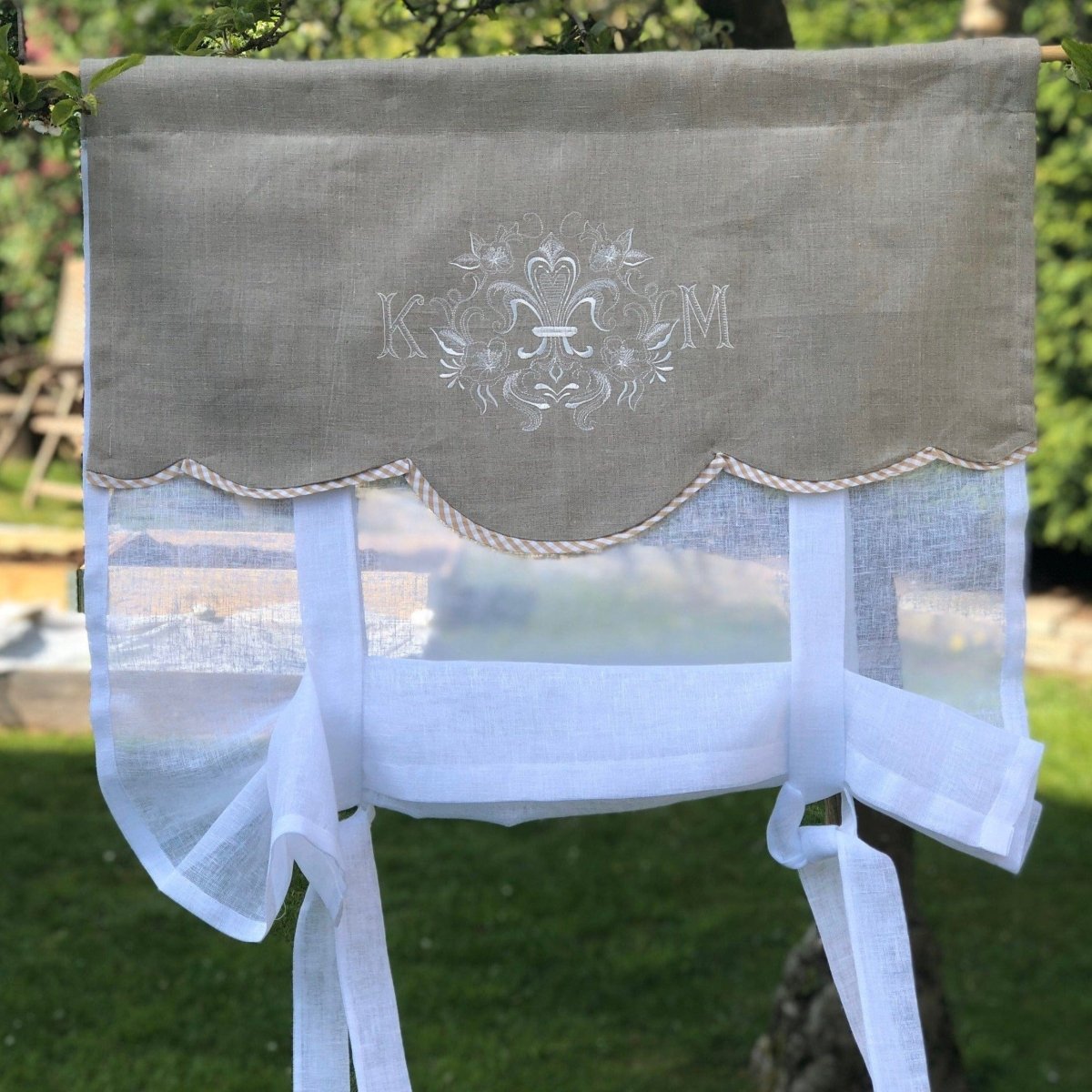 Flax Linen Monogram Valance with Check Trim - Linen and Letters