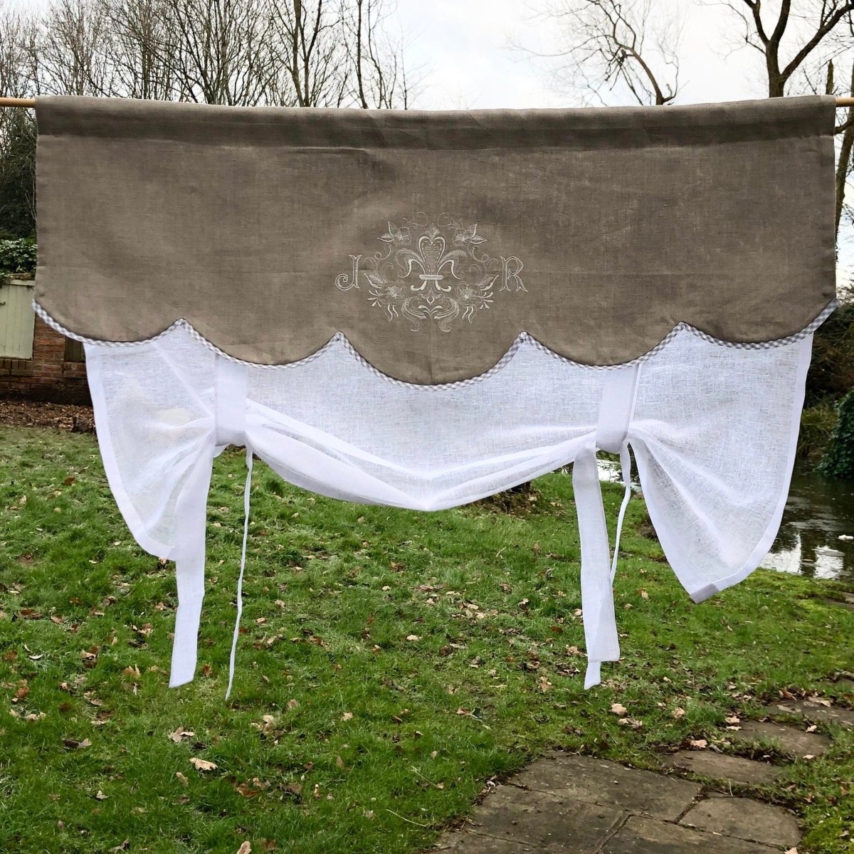 Flax Linen Monogram Valance with Check Trim - Linen and Letters