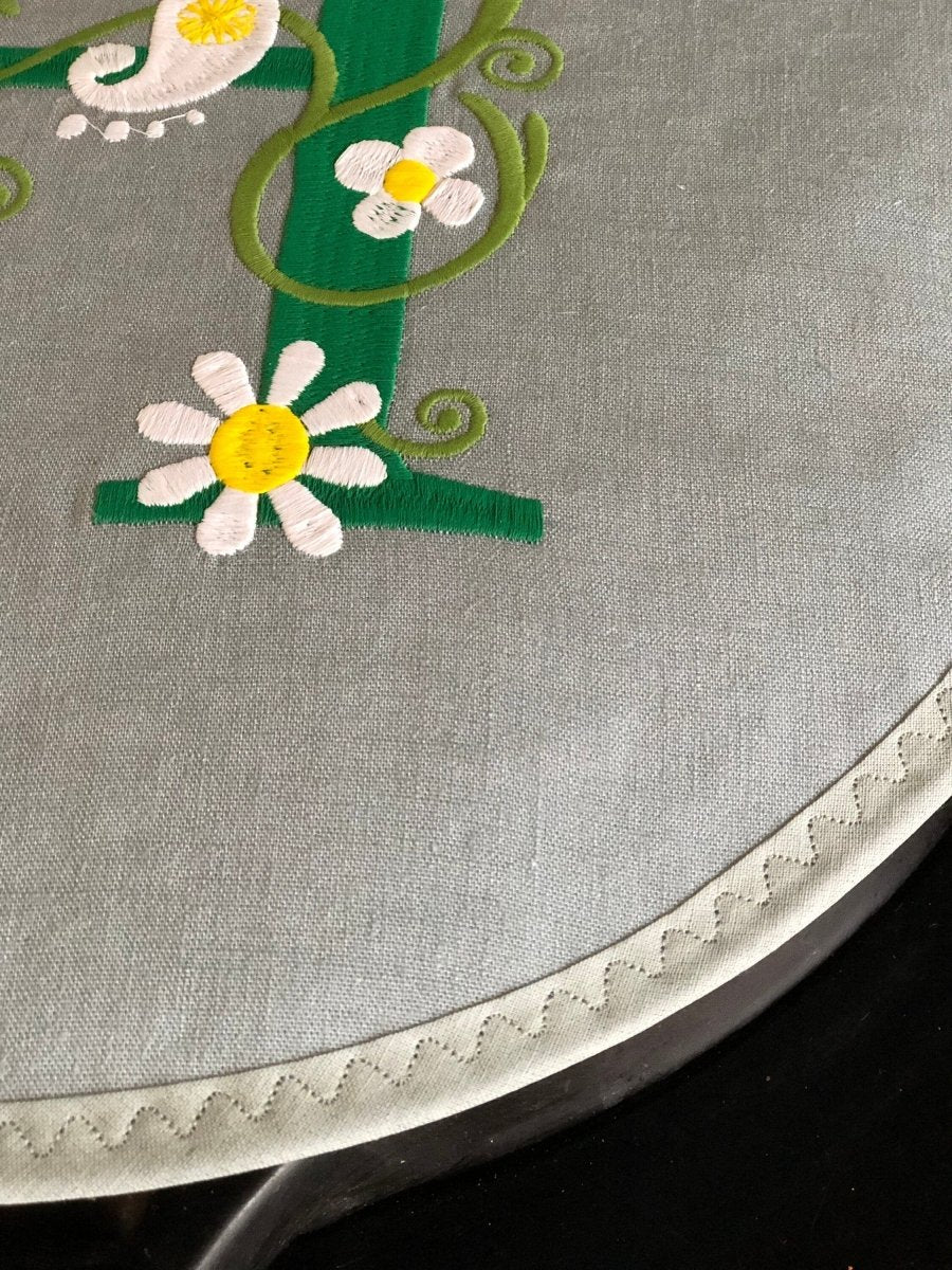 Floral Monogram Pair Aga Lid Covers, Embroidered Chef Pads, Grey linen heat resistant pads - Linen and Letters