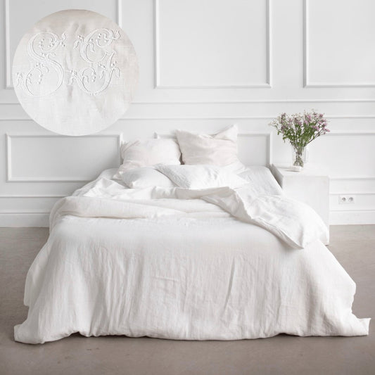 French Embroidered Monogram White 100% Linen Duvet Cover + Pair Pillowcases - Linen and Letters