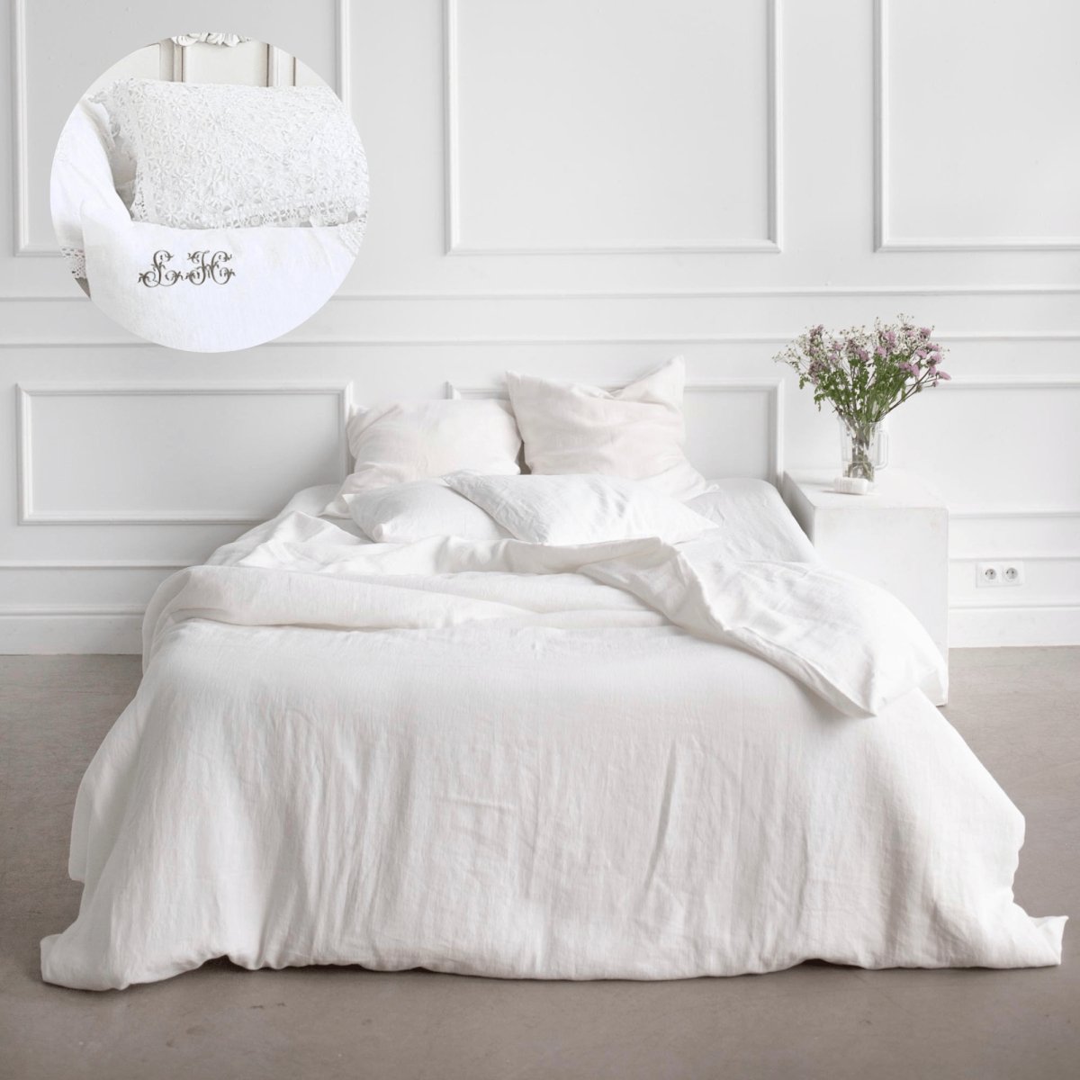French Embroidered Monogram White 100% Linen Duvet Cover + Pair Pillowcases - Linen and Letters