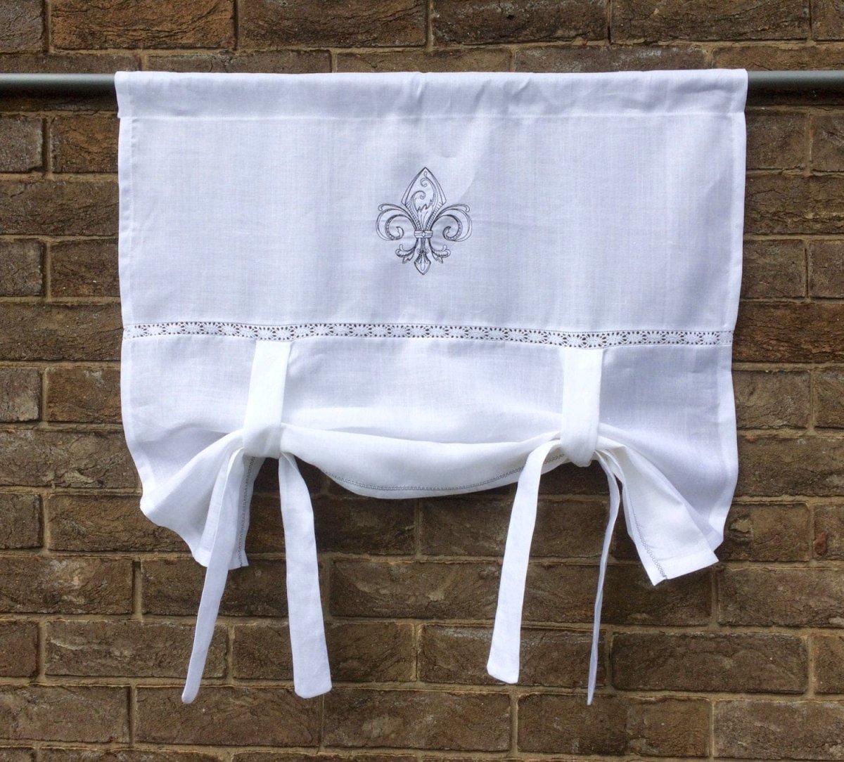 French Linen White Tie Up Shade with Fleur de lis Embroidery - Linen and Letters