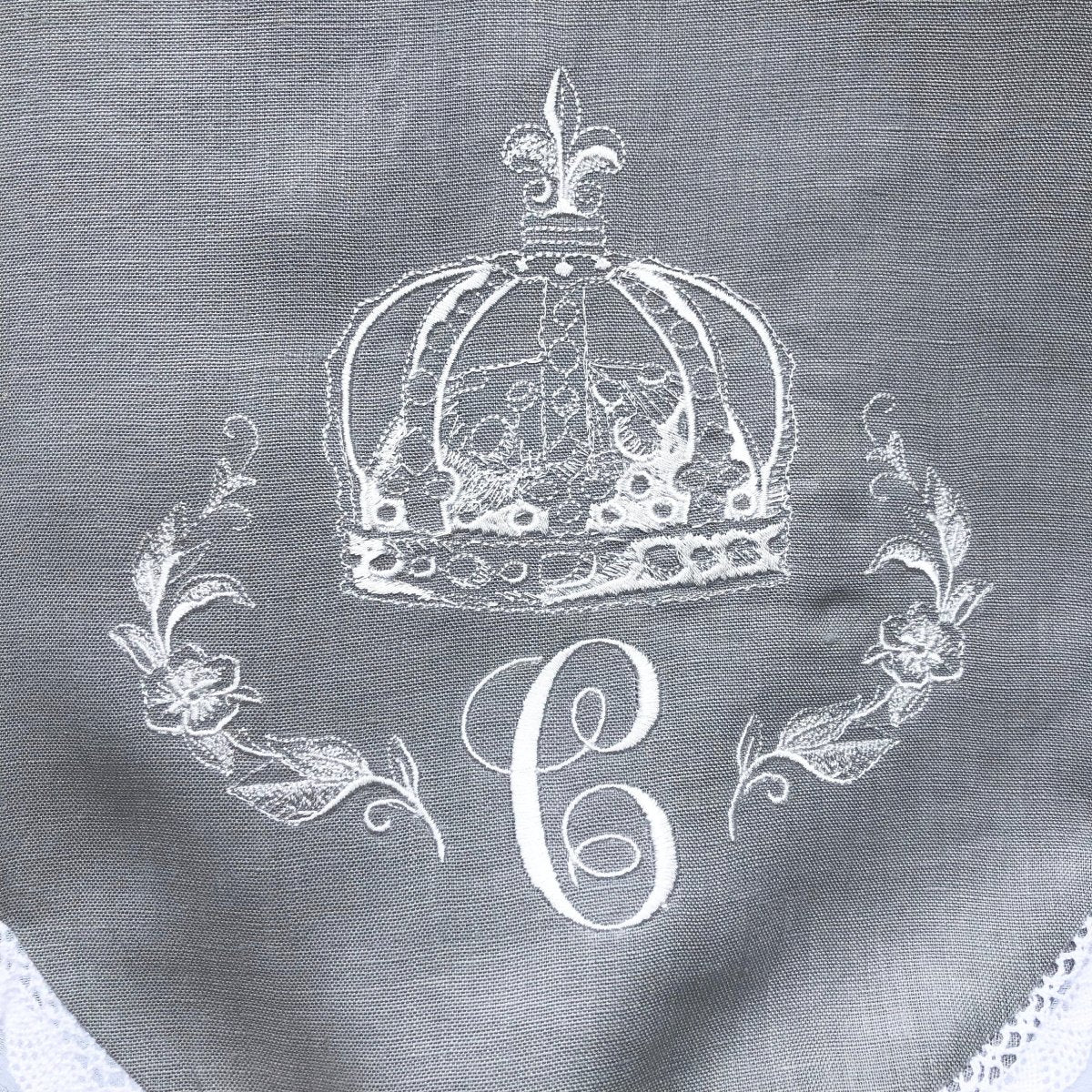 Grey Linen Scalloped Door Panel with Crown Monogram 64 inches tall - Linen and Letters