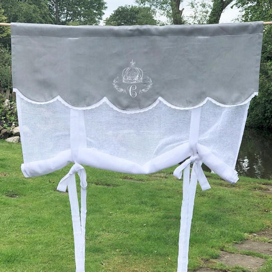 Grey Linen Tie Up Curtain with Crown Monogram 28 inches tall - Linen and Letters