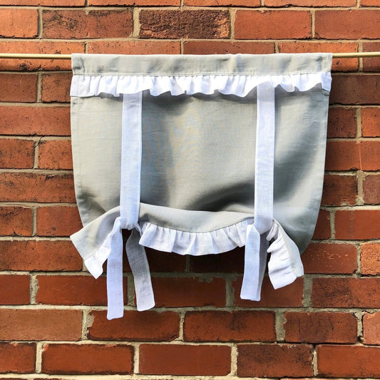 Grey White Linen Ruffle Tie Up Curtain - Linen and Letters