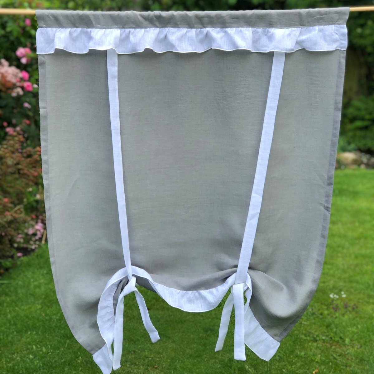 Grey White Linen Ruffle Tie Up Curtain - Linen and Letters