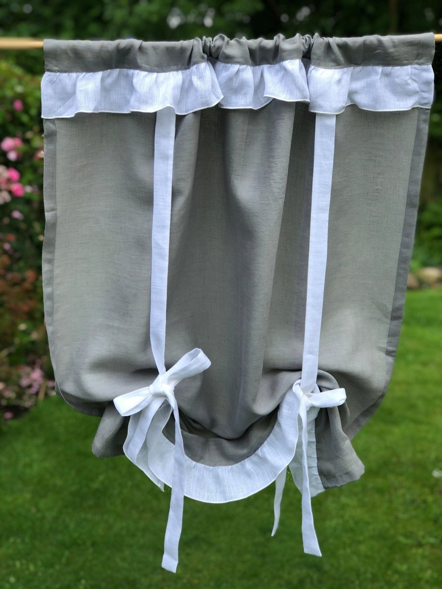 Grey White Linen Ruffle Tie Up Curtain - Linen and Letters