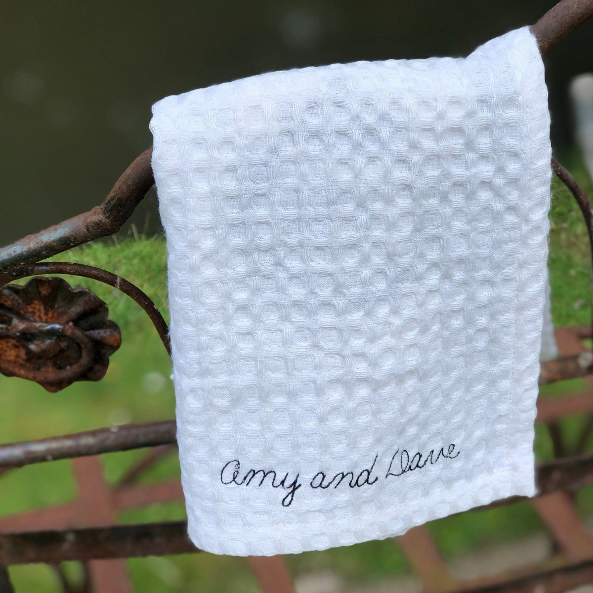 Handwritten styled machine embroidered linen waffle Towel - Linen and Letters