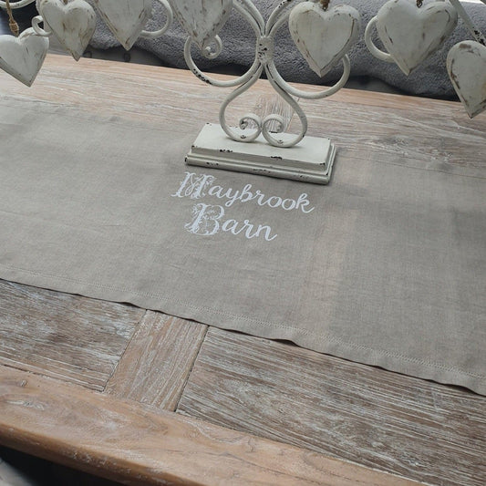 Hemstitched 100% Linen Table Runner or Topper with Custom or House Name Embroidery - Linen and Letters