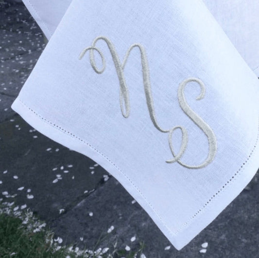 Hemstitched White Linen Tablecloth with Silver Script Monogram - Linen and Letters