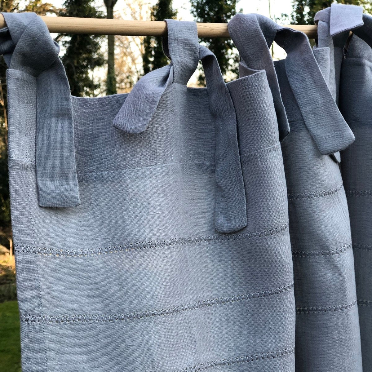 Hoole Grey Linen Tall Hemstitched Tie Top Curtain - Linen and Letters