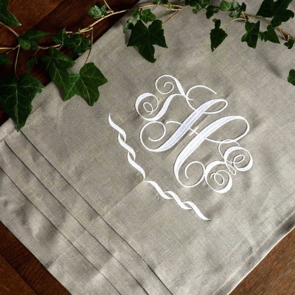 Interlocking Embroidered Monogram Table Runner & optional Napkin Set - Linen and Letters