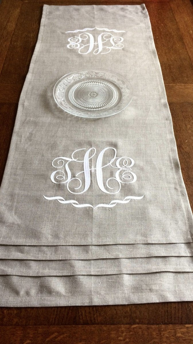 Interlocking Embroidered Monogram Table Runner & optional Napkin Set - Linen and Letters