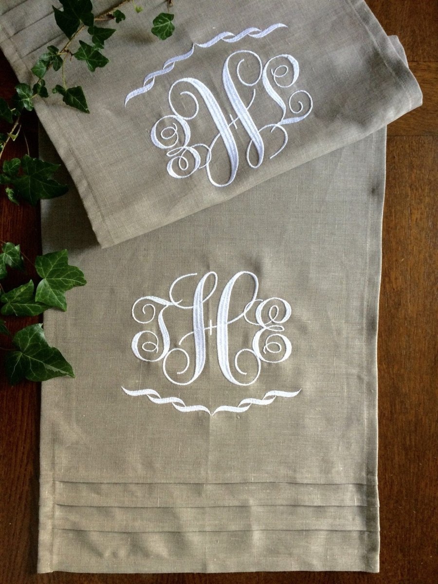 Interlocking Embroidered Monogram Table Runner & optional Napkin Set - Linen and Letters