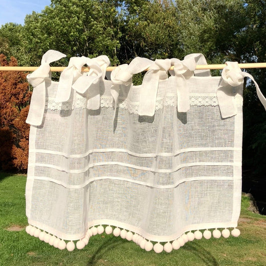 Ivory Cream Sheer Linen Lace Pompom Cafe Curtain - Linen and Letters