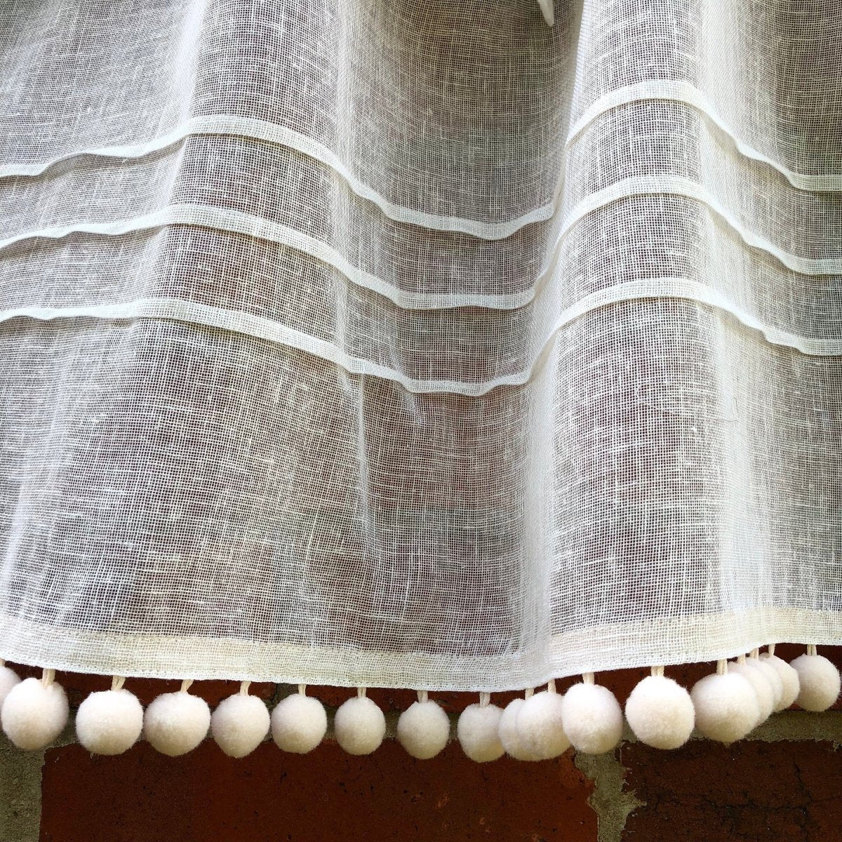 Ivory Cream Sheer Linen Lace Pompom Cafe Curtain - Linen and Letters
