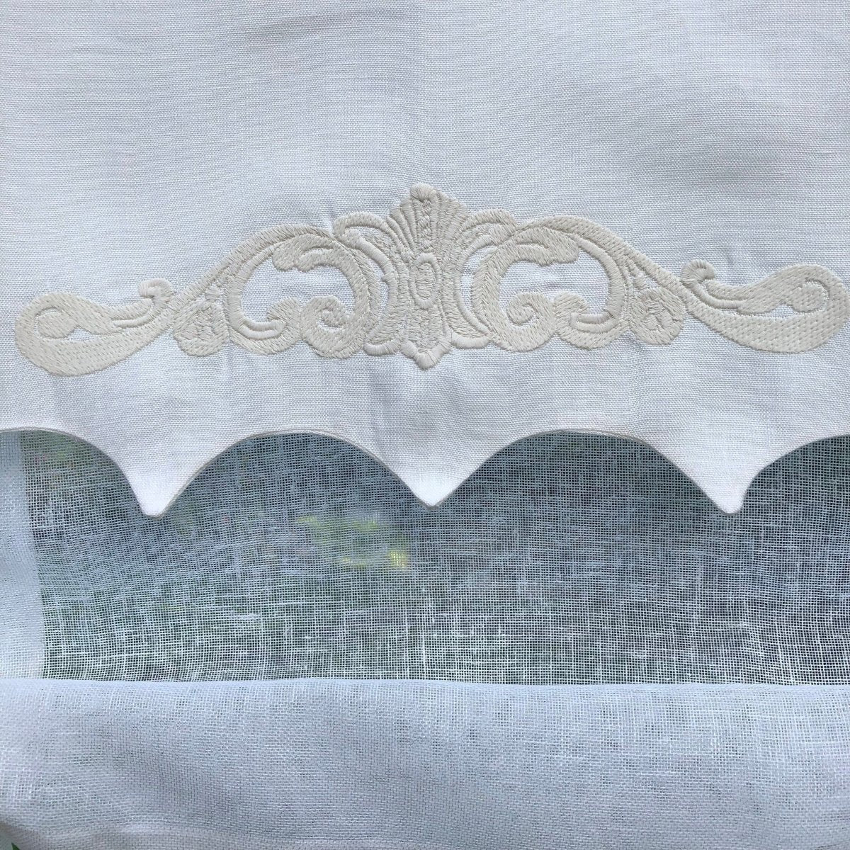 Ivory Linen scallop Window Valance with Scroll Embroidery - Linen and Letters