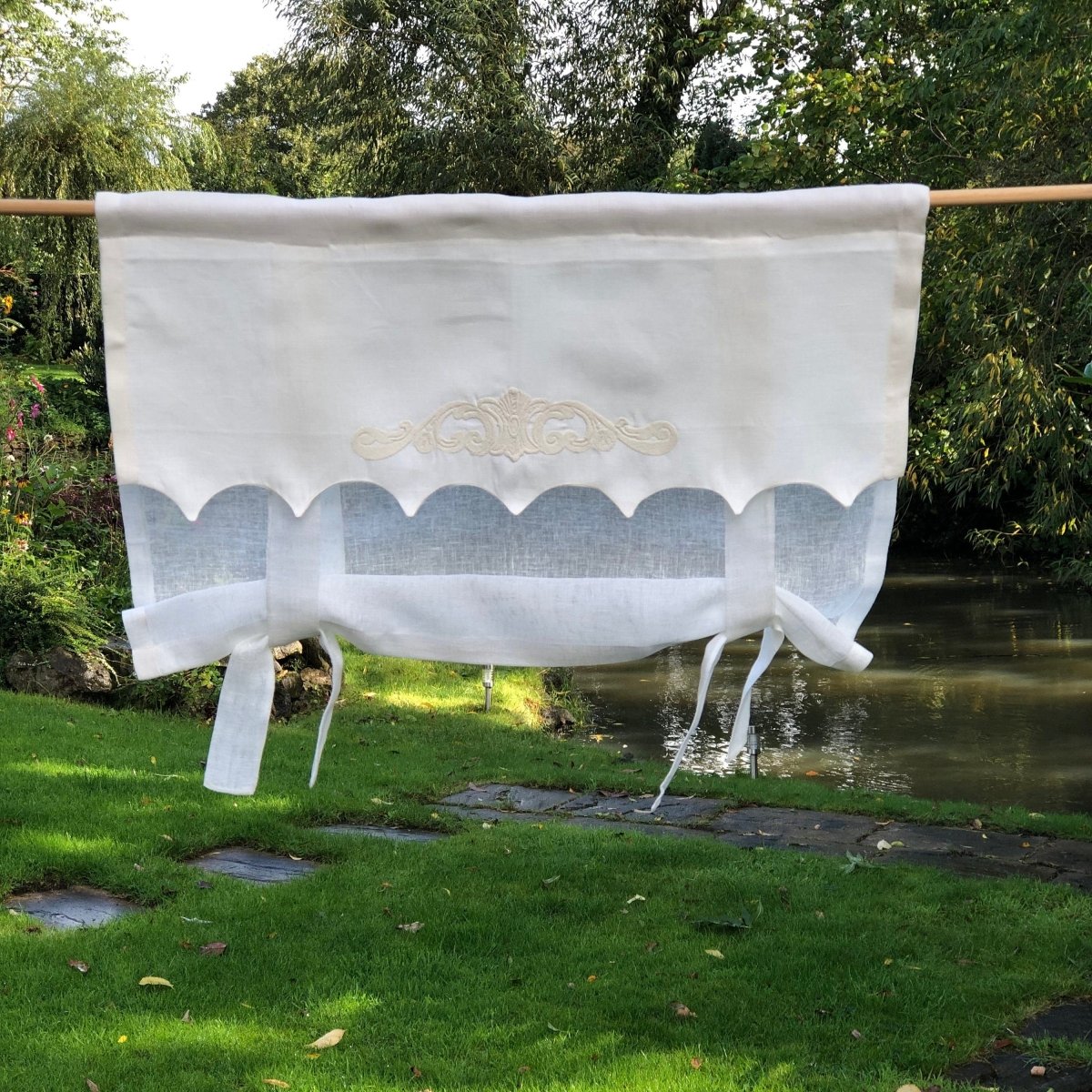 Ivory Linen scallop Window Valance with Scroll Embroidery - Linen and Letters