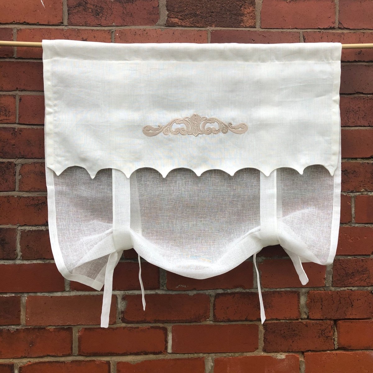 Ivory Linen scallop Window Valance with Scroll Embroidery - Linen and Letters