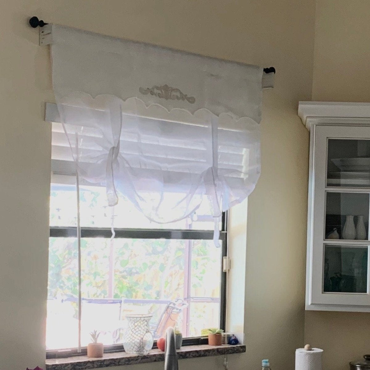 Ivory Linen scallop Window Valance with Scroll Embroidery - Linen and Letters