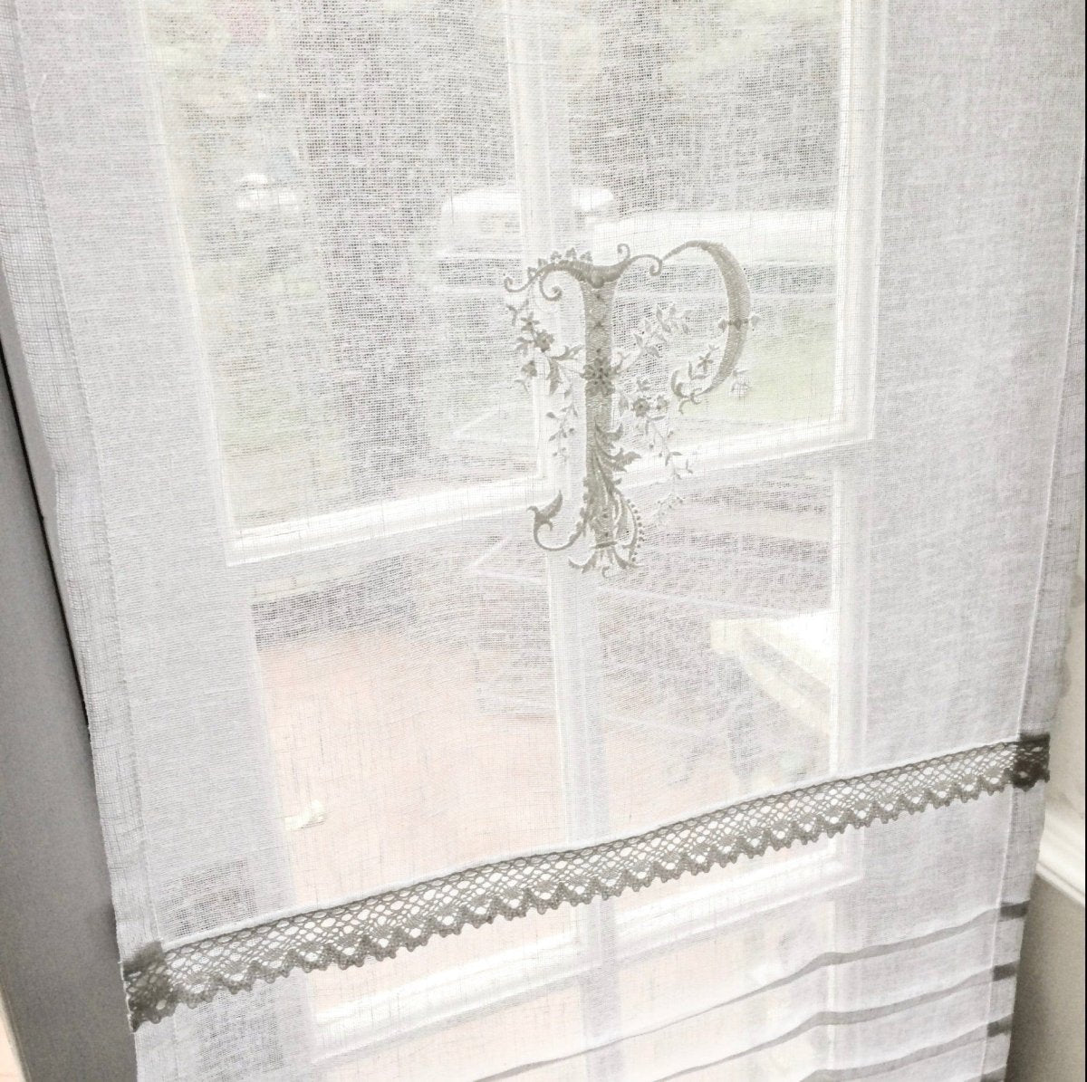 Langley Long Voile Linen Door Panel with Monogram - Linen and Letters