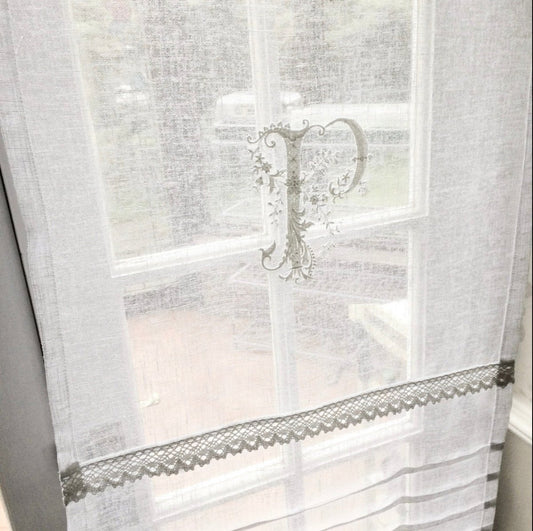 Langley Sheer White Lace Linen Monogram Door Panel - Linen and Letters