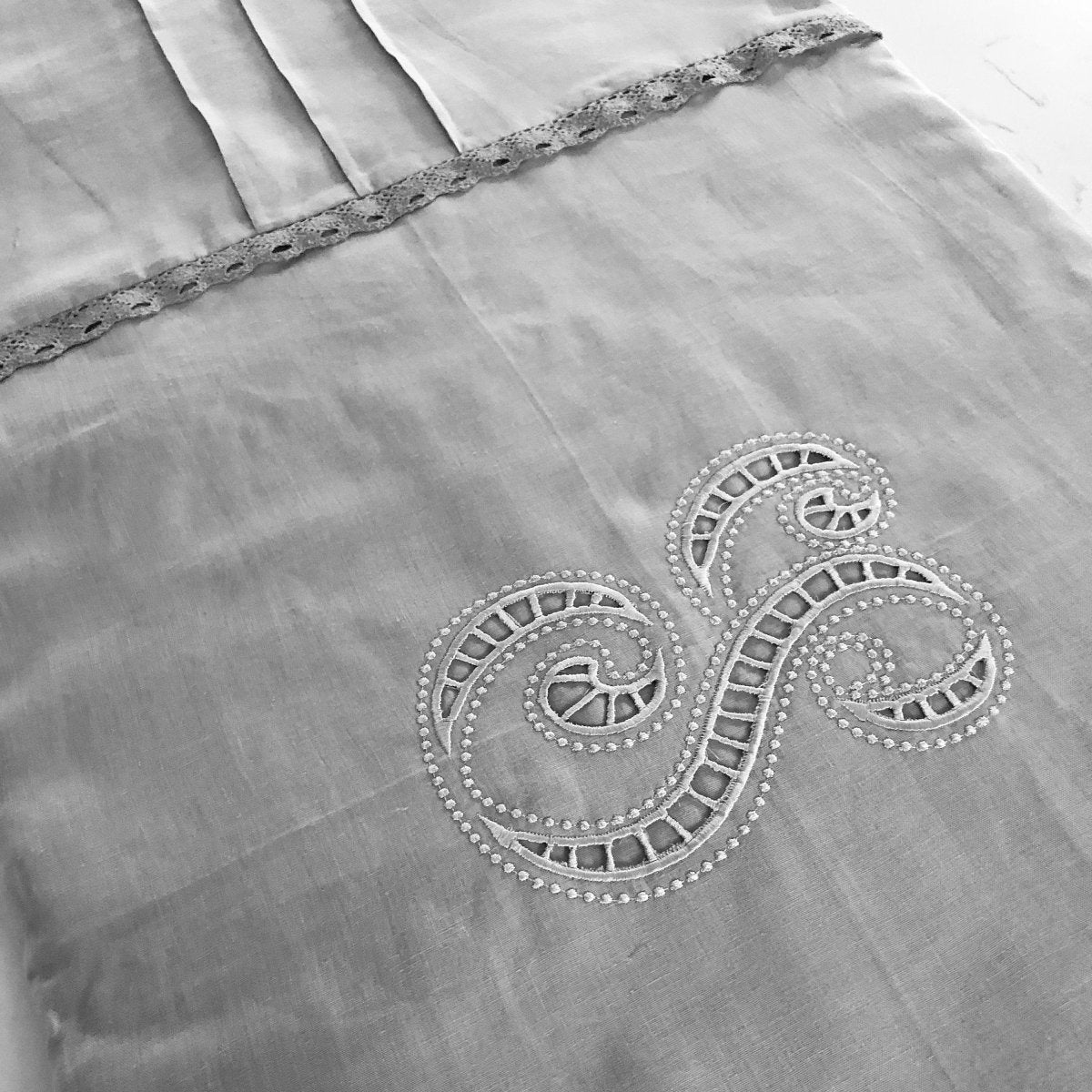 Linen Bed Runner with Cutwork or French Embroidered Monogram - Linen and Letters