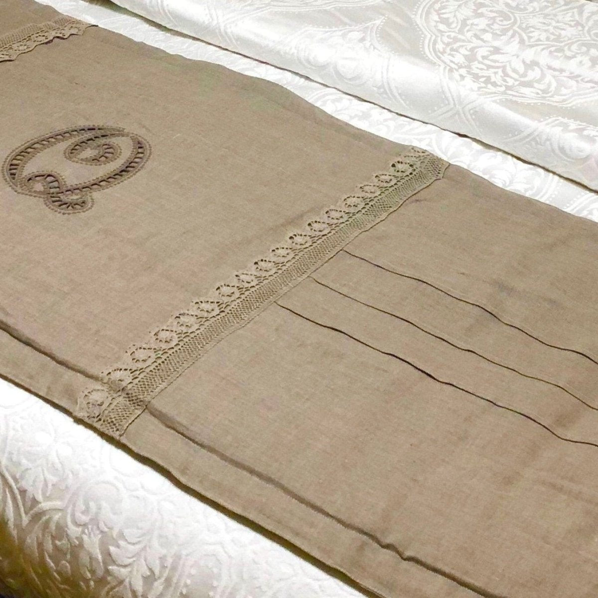 Linen Bed Runner with Cutwork or French Embroidered Monogram - Linen and Letters