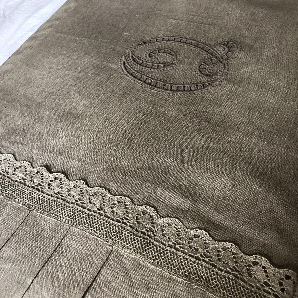 Linen Bed Runner with Cutwork or French Embroidered Monogram - Linen and Letters